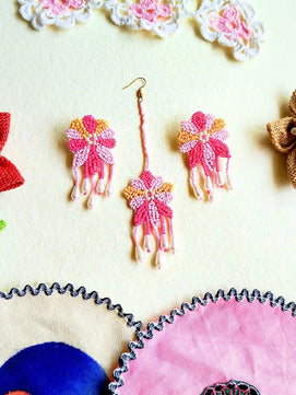 Rang Floral Maangtika Earrings Set (Pink and Yellow)