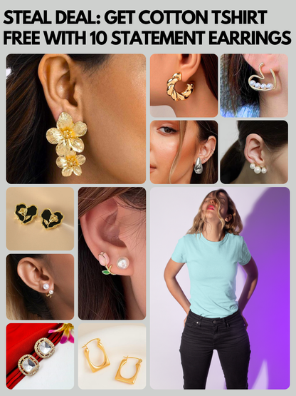 Get Pure Cotton Tshirt Free with Bestseller 10 Statement Earrings - Free Delivery