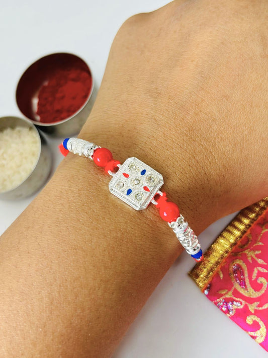 German Silver Stone Rakhi with Roli Chawal for Brother (Pack of 1)