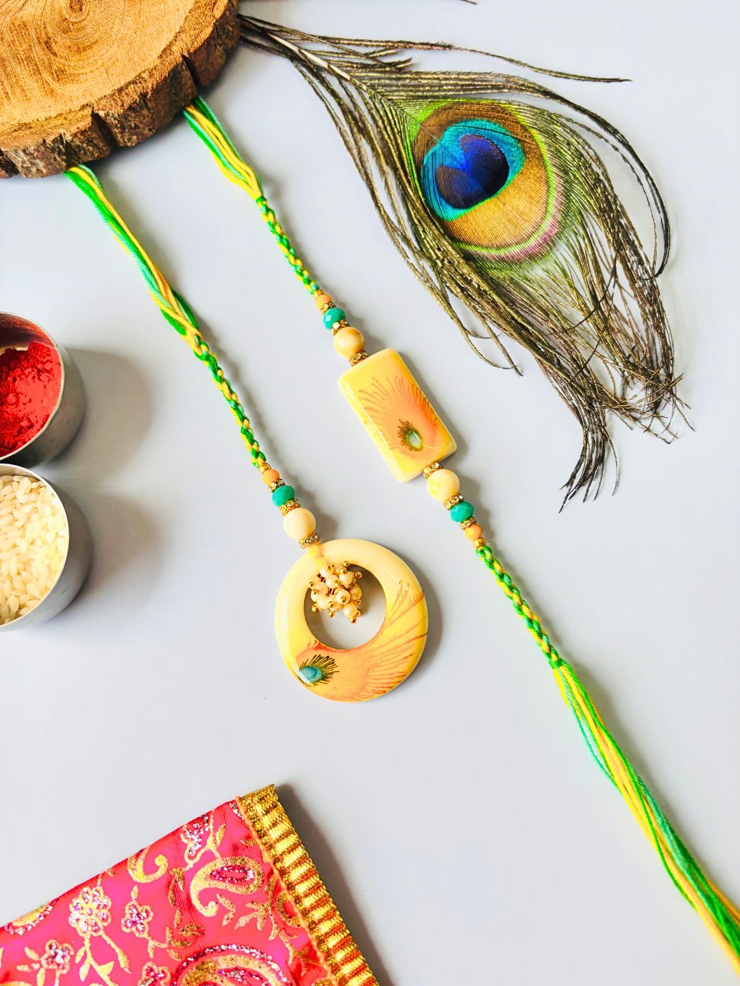 Resin Morpankh Lumba Rakhi Set for Bhaiya Bhabhi with Roli Chawal