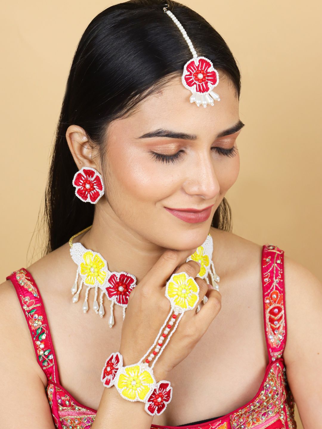 Flower Blossom Bridal Jewellery Set (Red and Yellow)