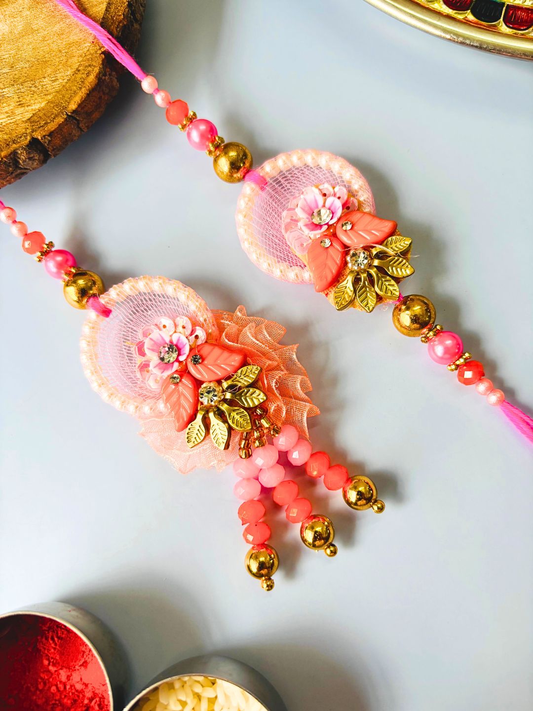 Multicolor Floral Lumba Rakhi Set for Bhaiya Bhabhi with Roli Chawal