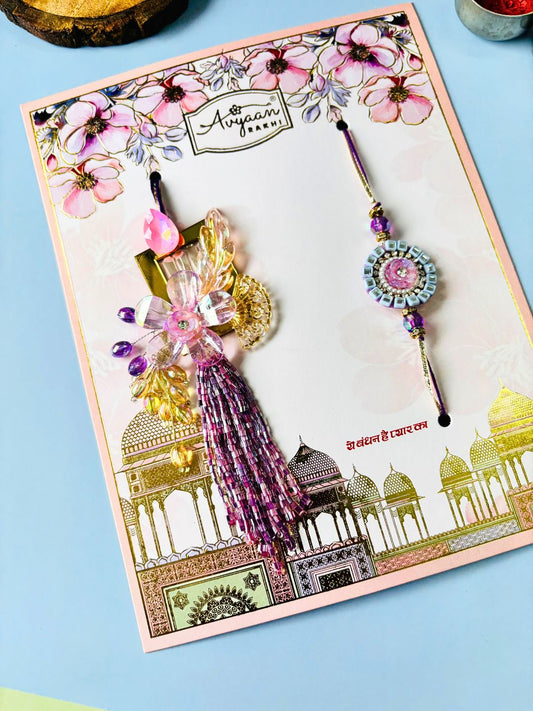 Purple Floral Lumba Rakhi Set for Bhaiya Bhabhi with Roli Chawal