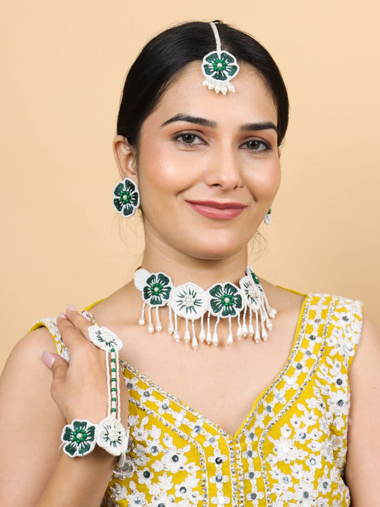 Flower Blossom Bridal Jewellery Set (Green and White)