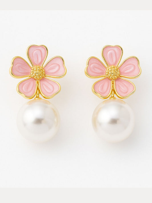 Pink Flower Drop Earrings with Pearl