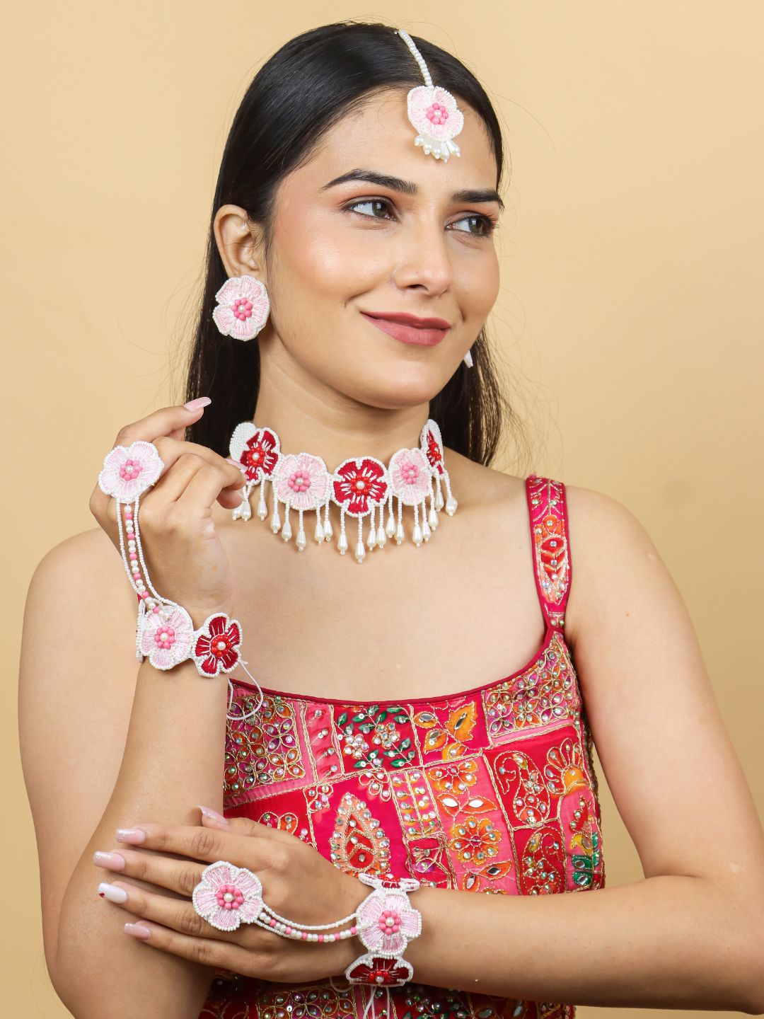 Flower Blossom Bridal Jewellery Set (Red and Pink)