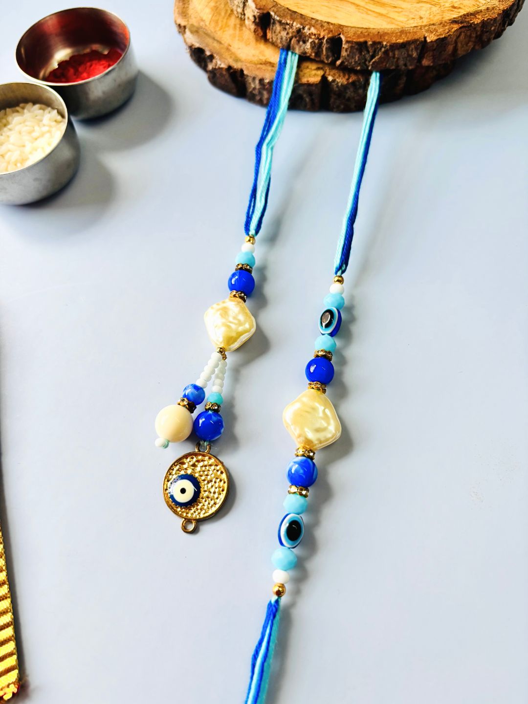 Evil Eye Mother of Pearl Lumba Rakhi Set for Bhaiya Bhabhi with Roli Chawal