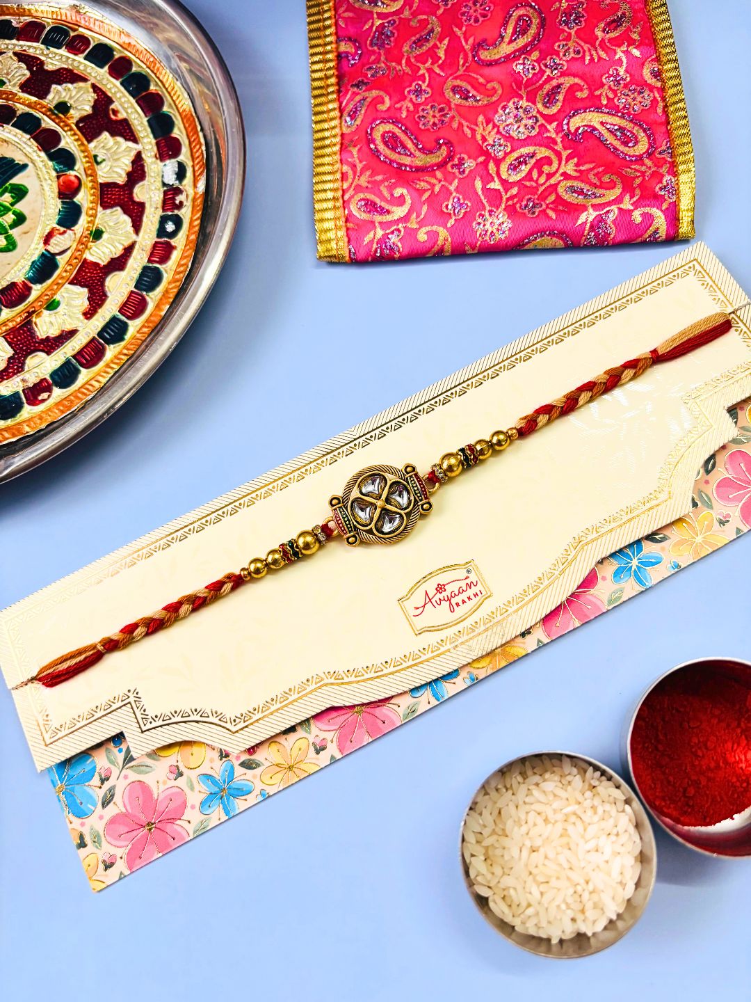 Traditional Meenakari Rakhi with Roli Chawal for Brother