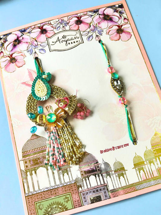 Peacock and Stone Accent Lumba Rakhi Set for Bhaiya Bhabhi with Roli Chawal