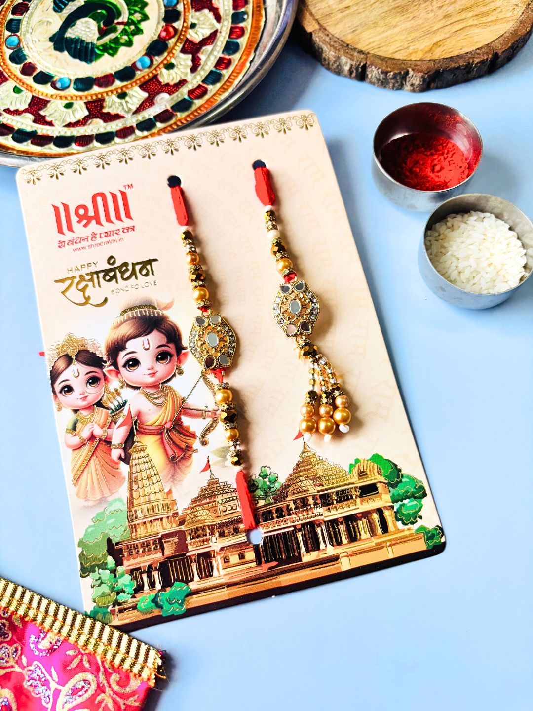 Mirror Work Lumba Rakhi Set for Bhaiya Bhabhi with Roli Chawal