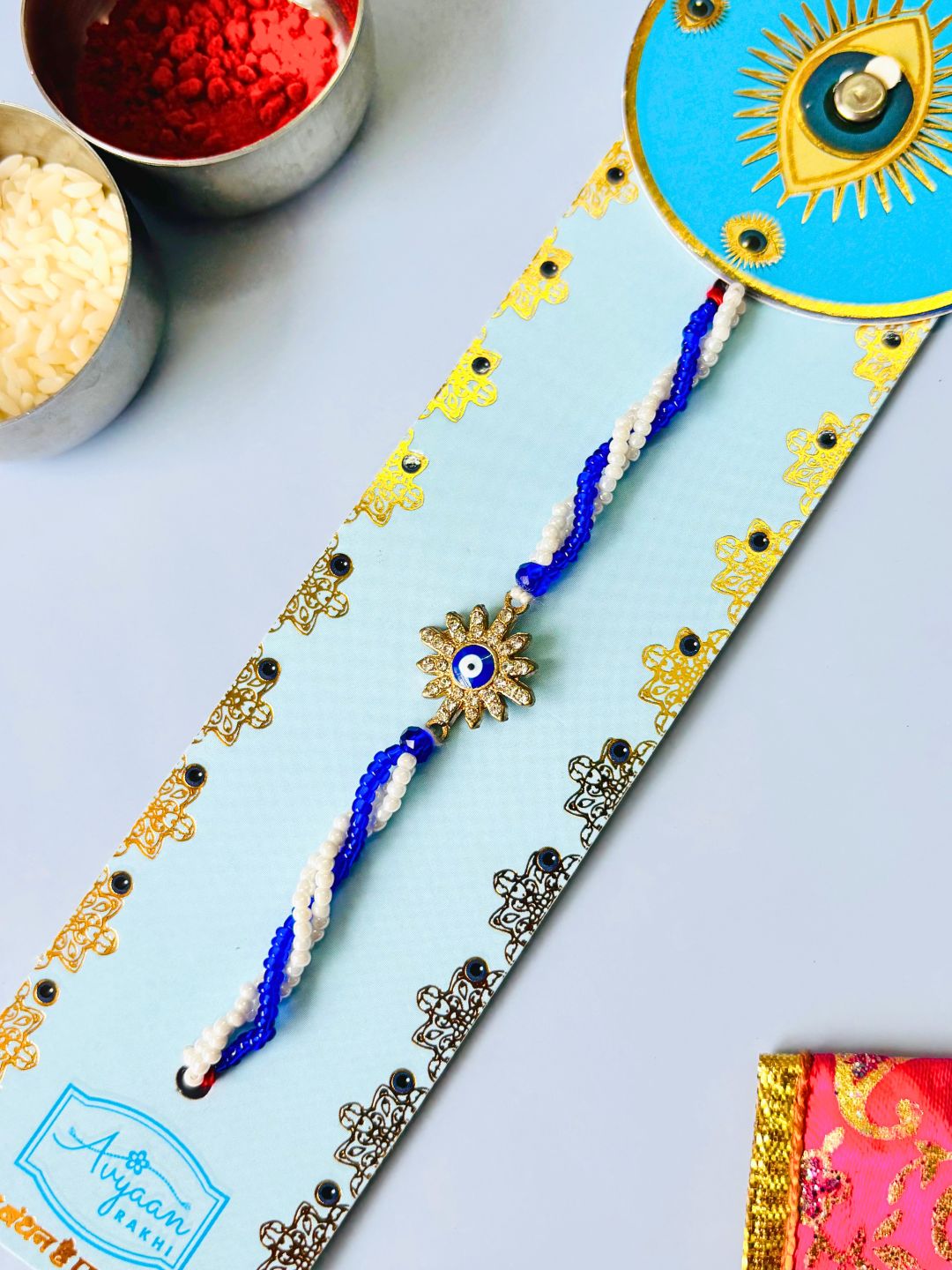 Evil Eye Beaded Rakhi with Roli Chawal