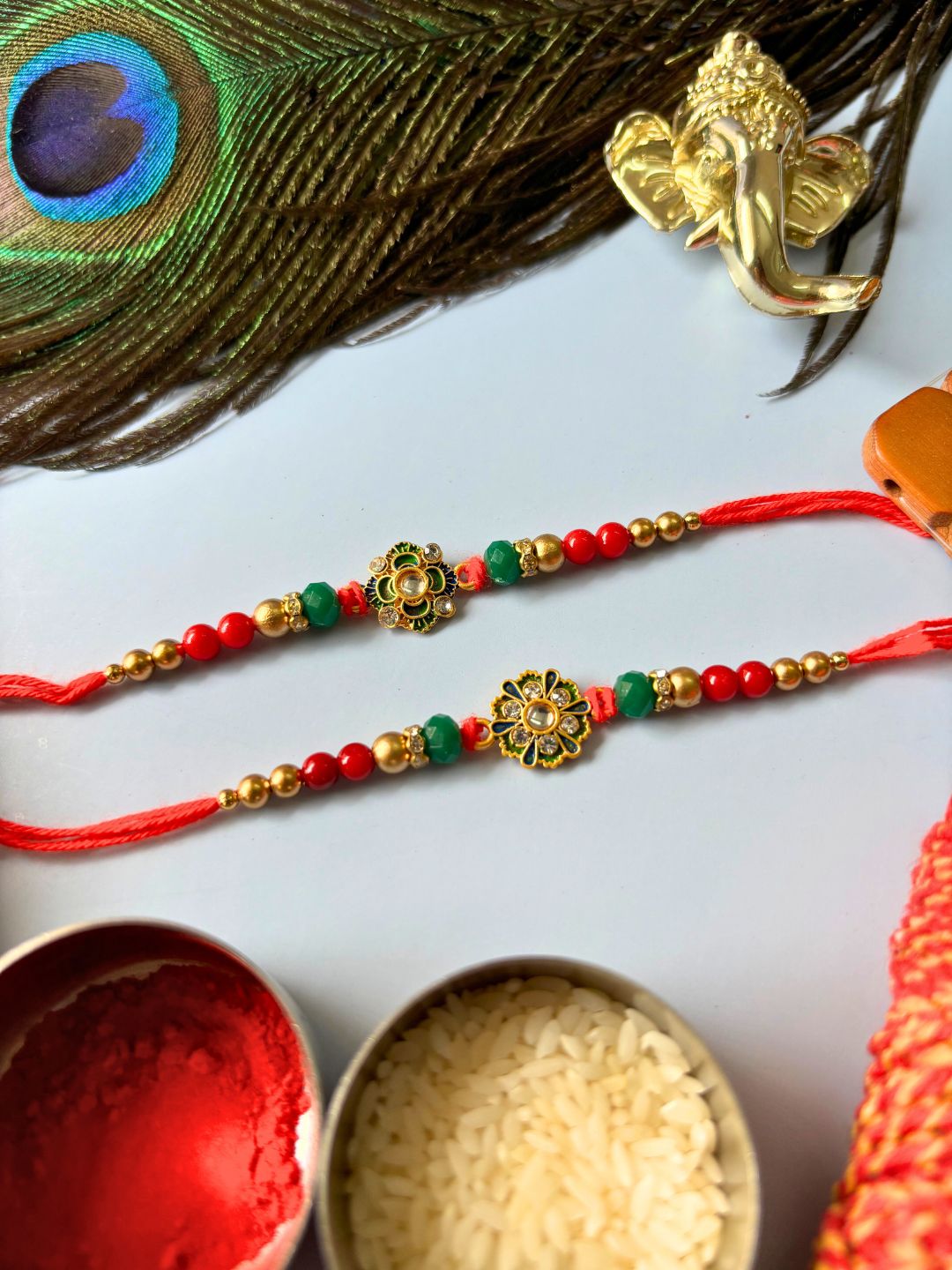 Traditional Kundan Rakhi with Roli Chawal for Brother (Floral Accent) (Pack of 2)
