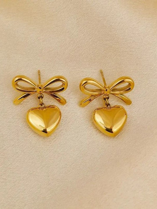 Bow Heart Drop Earrings (Gold)