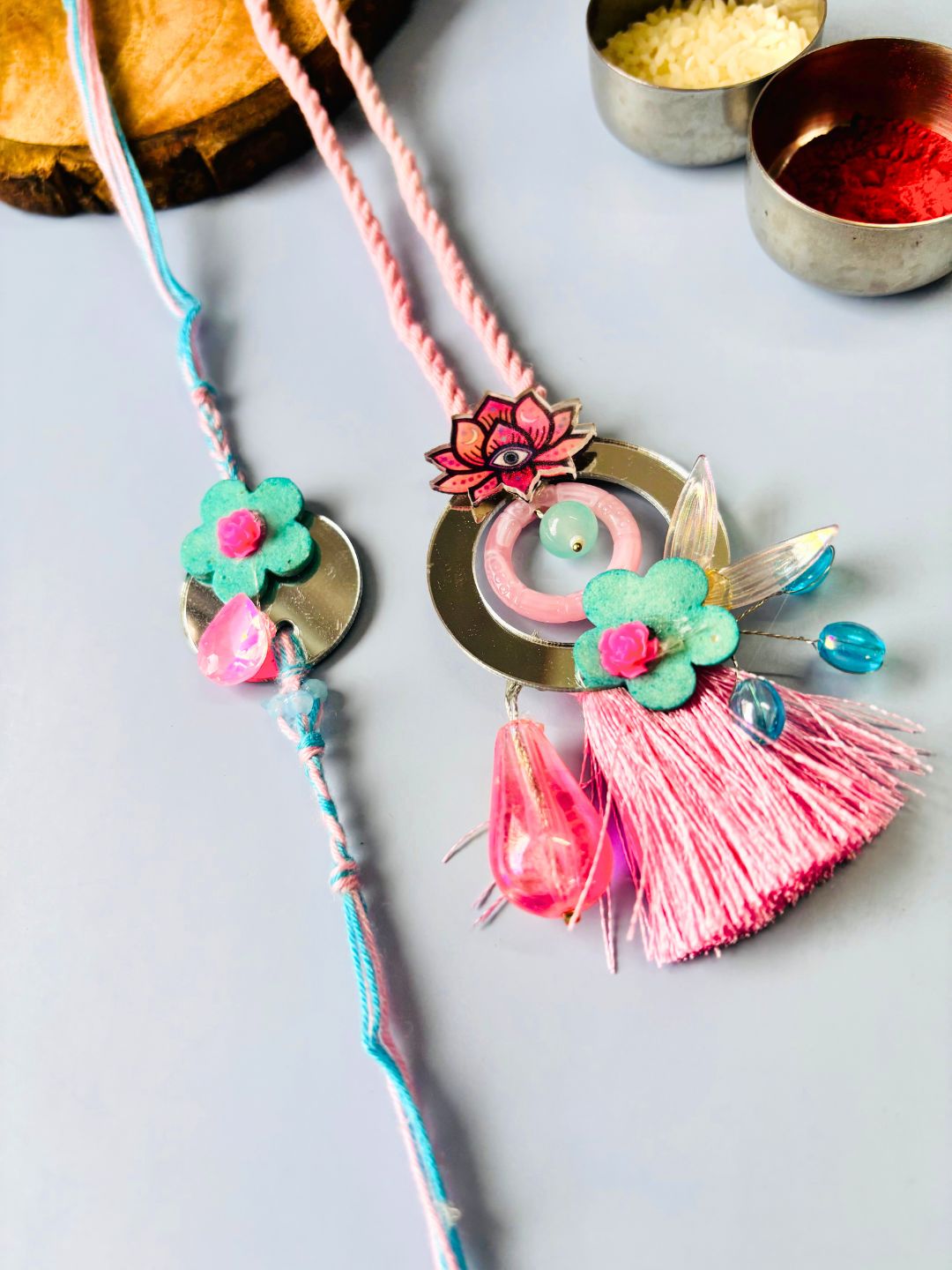 Floral Mirror Work Lumba Rakhi Set for Bhaiya Bhabhi with Roli Chawal
