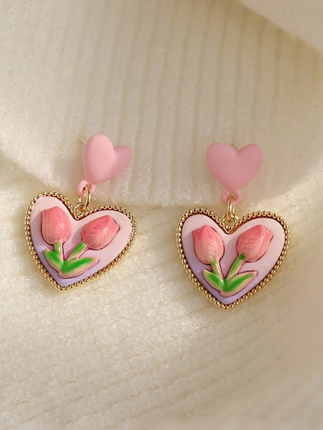 Pookie Pink Heart Rose Embellished Earrings