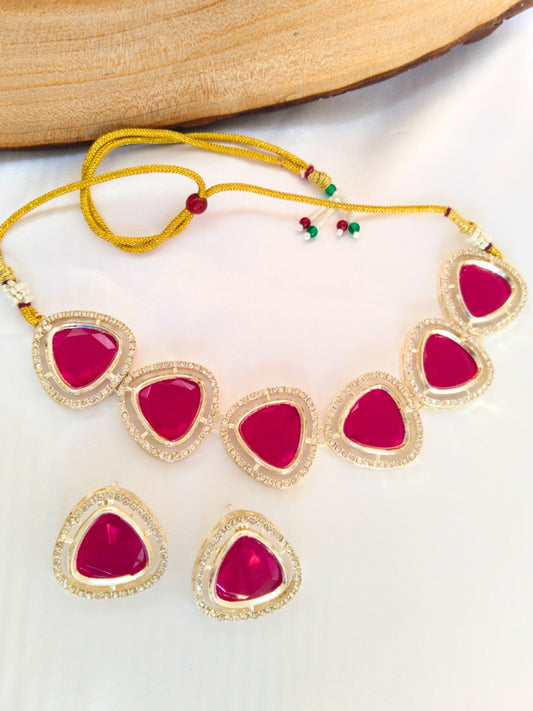 Kundan and AD Choker Set (Pink-Red)