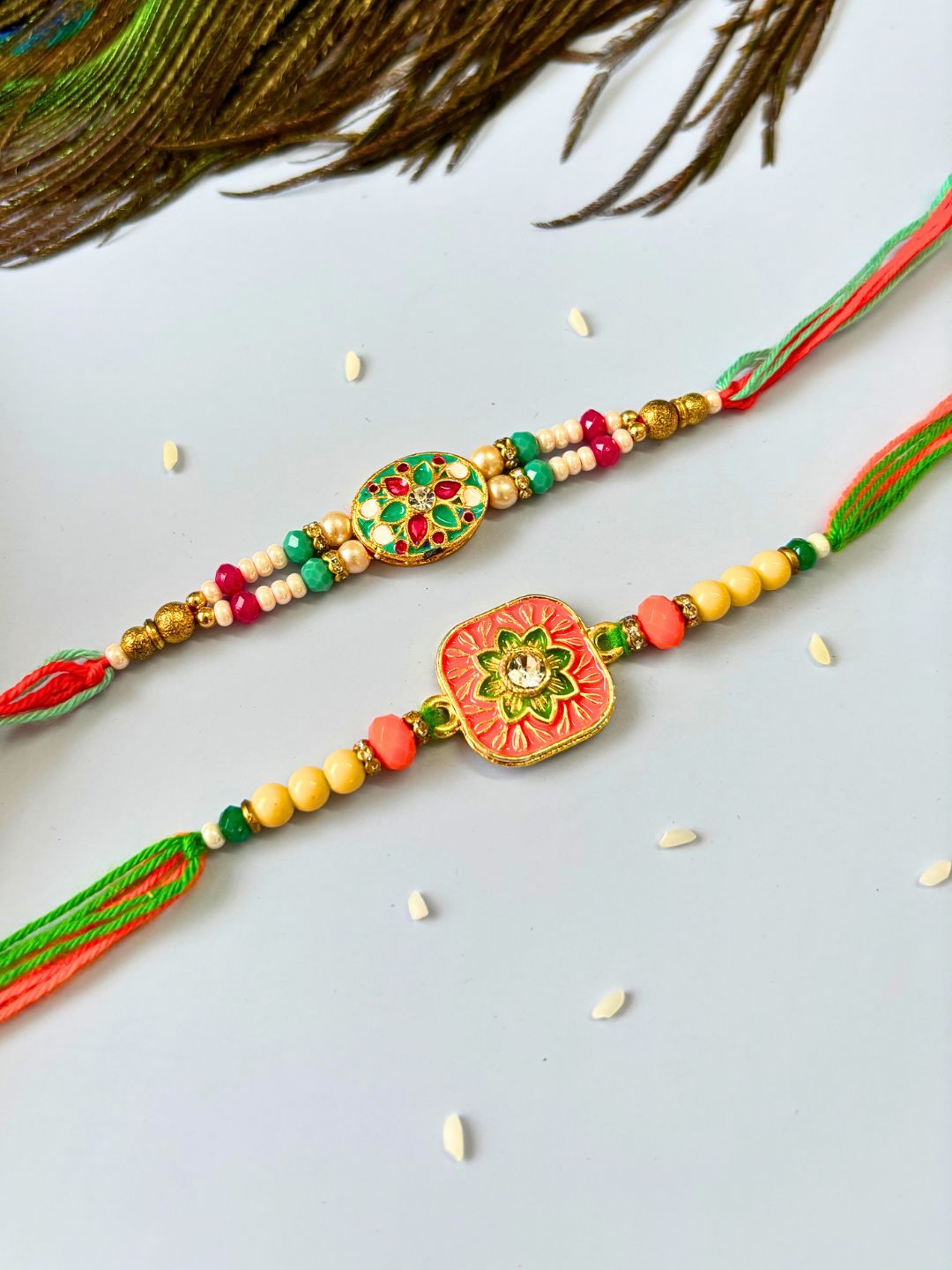 Traditional Meenakari Kundan Rakhi with Roli Chawal for Brother (Pack of 2 Unique Rakhi)