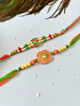 Traditional Meenakari Kundan Rakhi with Roli Chawal for Brother (Pack of 2 Unique Rakhi)