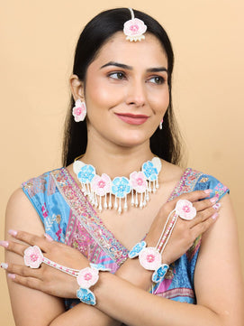 Flower Blossom Bridal Jewellery Set (Pink and Blue)