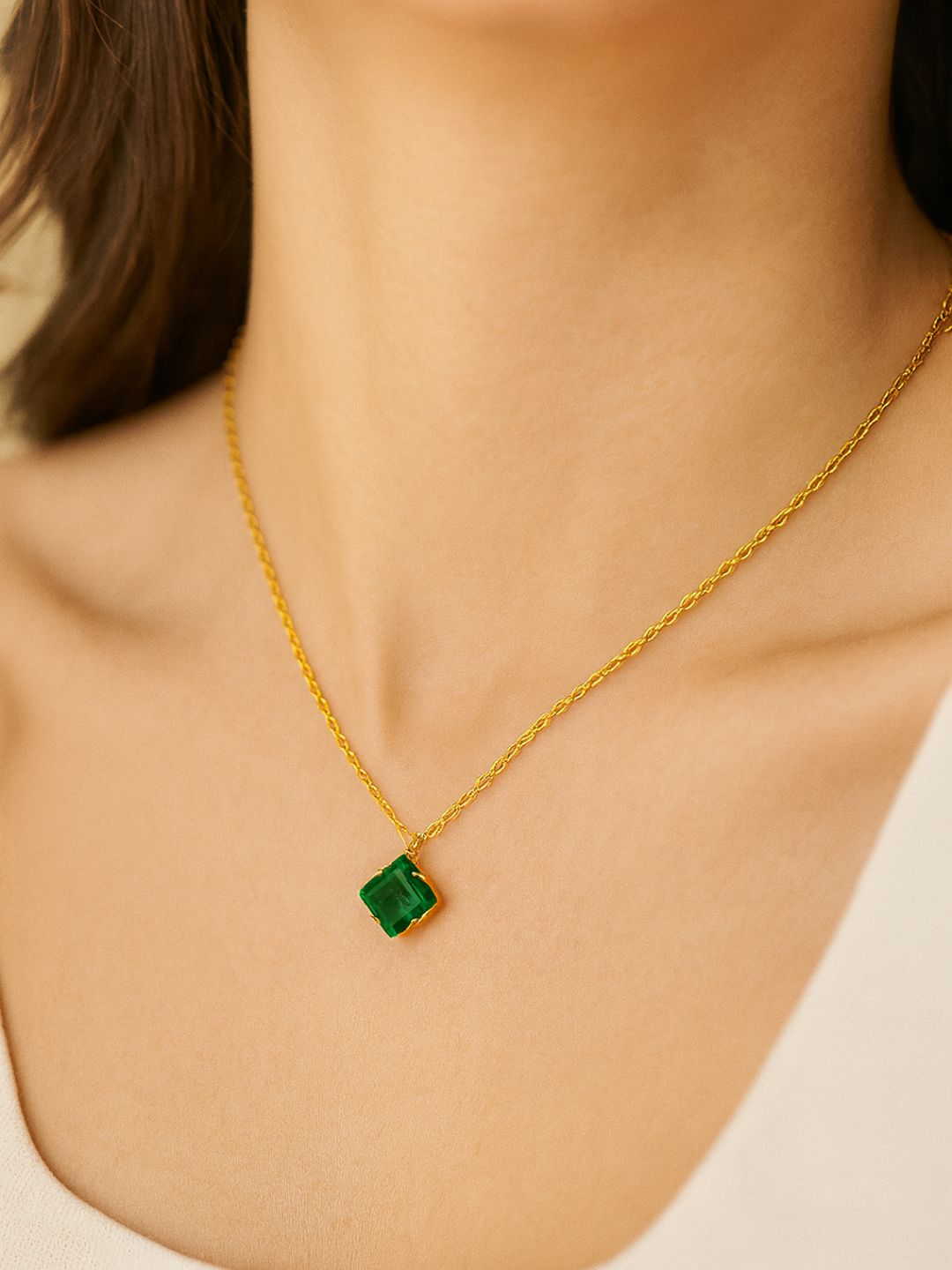 Gold-plated Birthstone Gemstone Pendant Necklace in Green Emerald