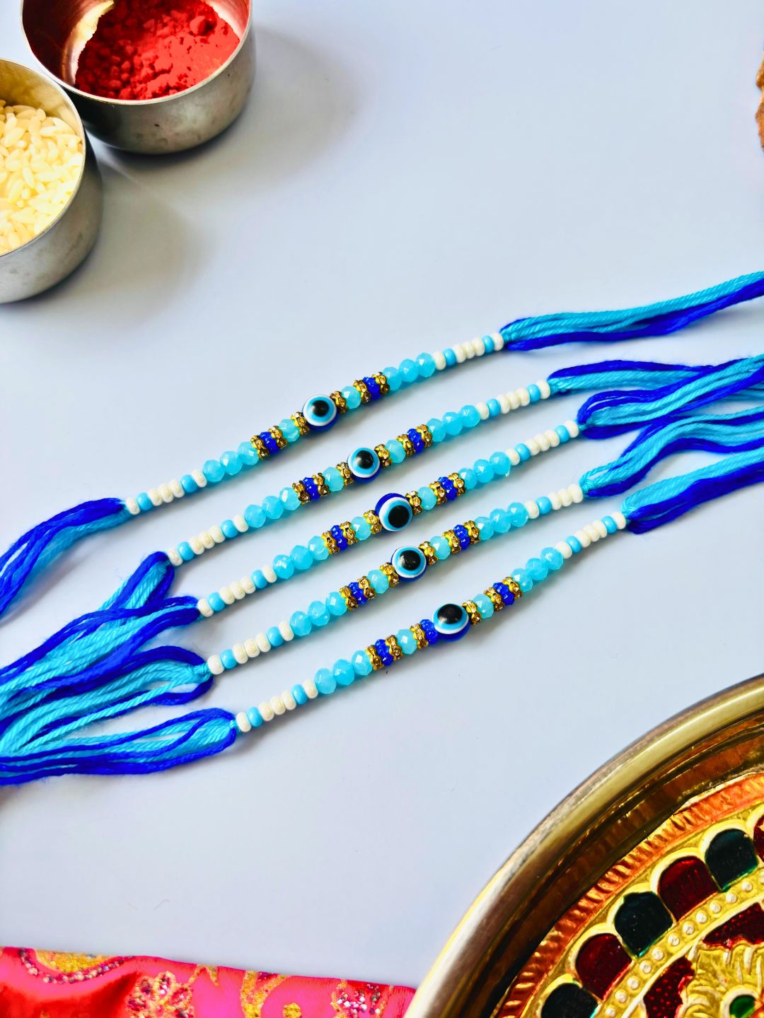 Evil Eye Beaded Thread Rakhi with Roli Chawal (Pack of 5)