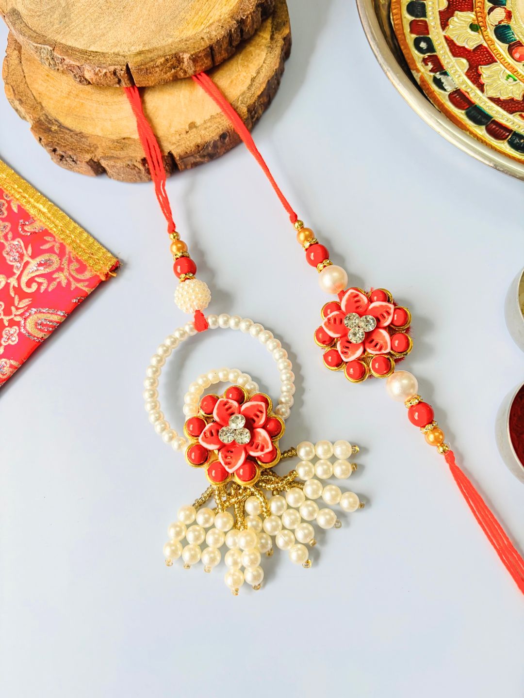Pearl Lumba Rakhi Set for Bhaiya Bhabhi with Roli Chawal