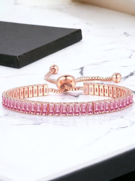 Pink American Diamond Rose Gold-plated Tennis Bracelet Anti-tarnish Stainless Steel Bracelet (Copy)