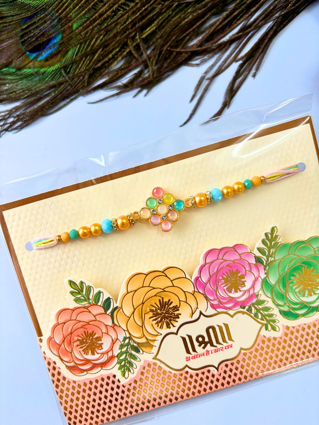 Cute Multicolor Stone Rakhi with Roli Chawal for Brother and Kids