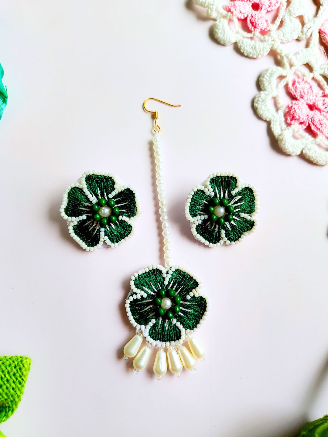 Flower Blossom Maangtika Earrings Set (Green and White)