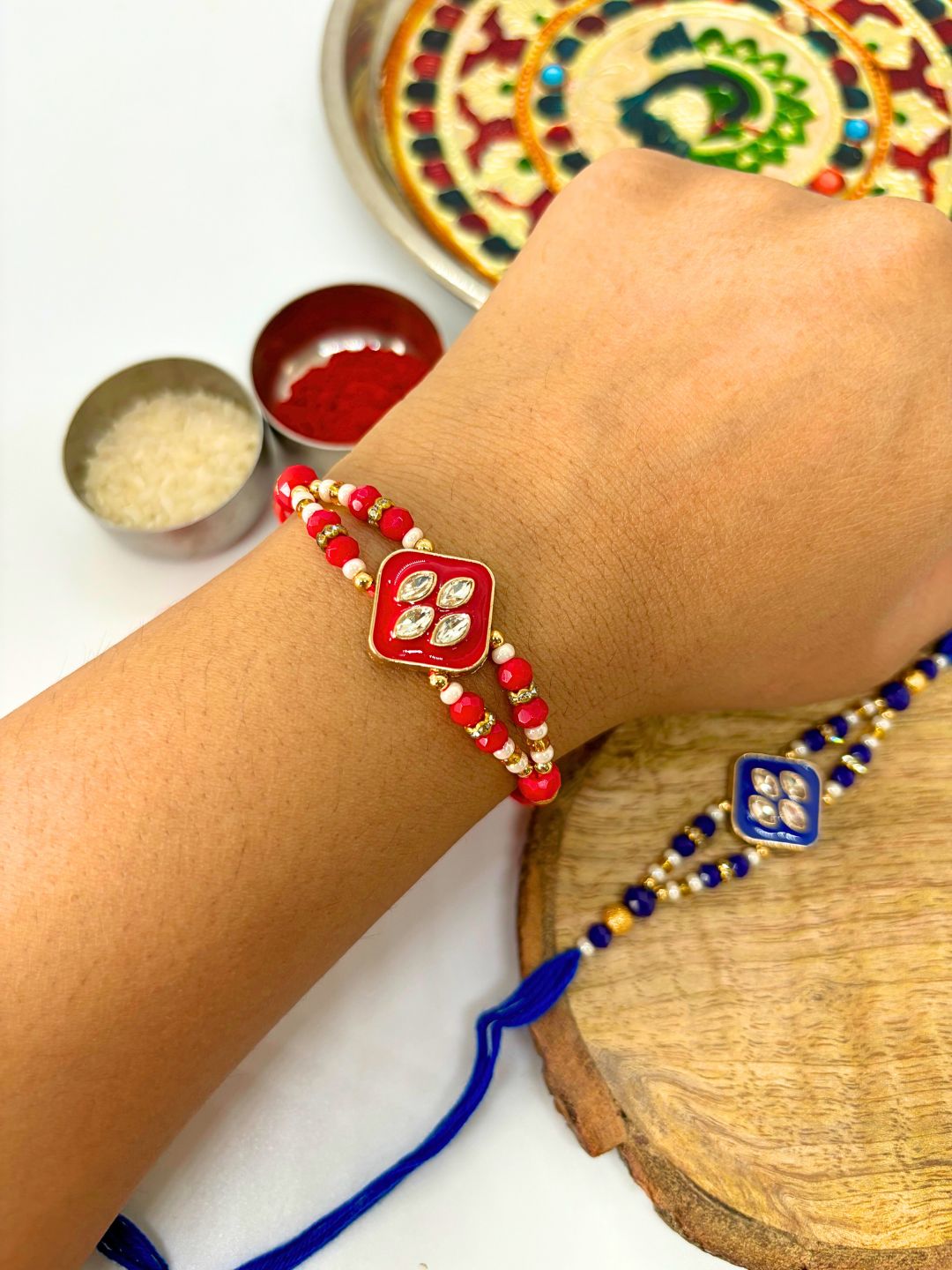 Traditional Meenakari Kundan Rakhi with Roli Chawal for Brother - Red (Pack of 2)