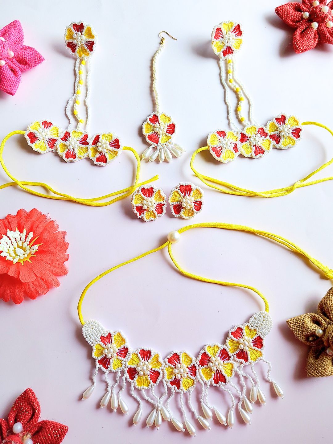 Flower Blossom Bridal Jewellery Set (Red-Yellow)