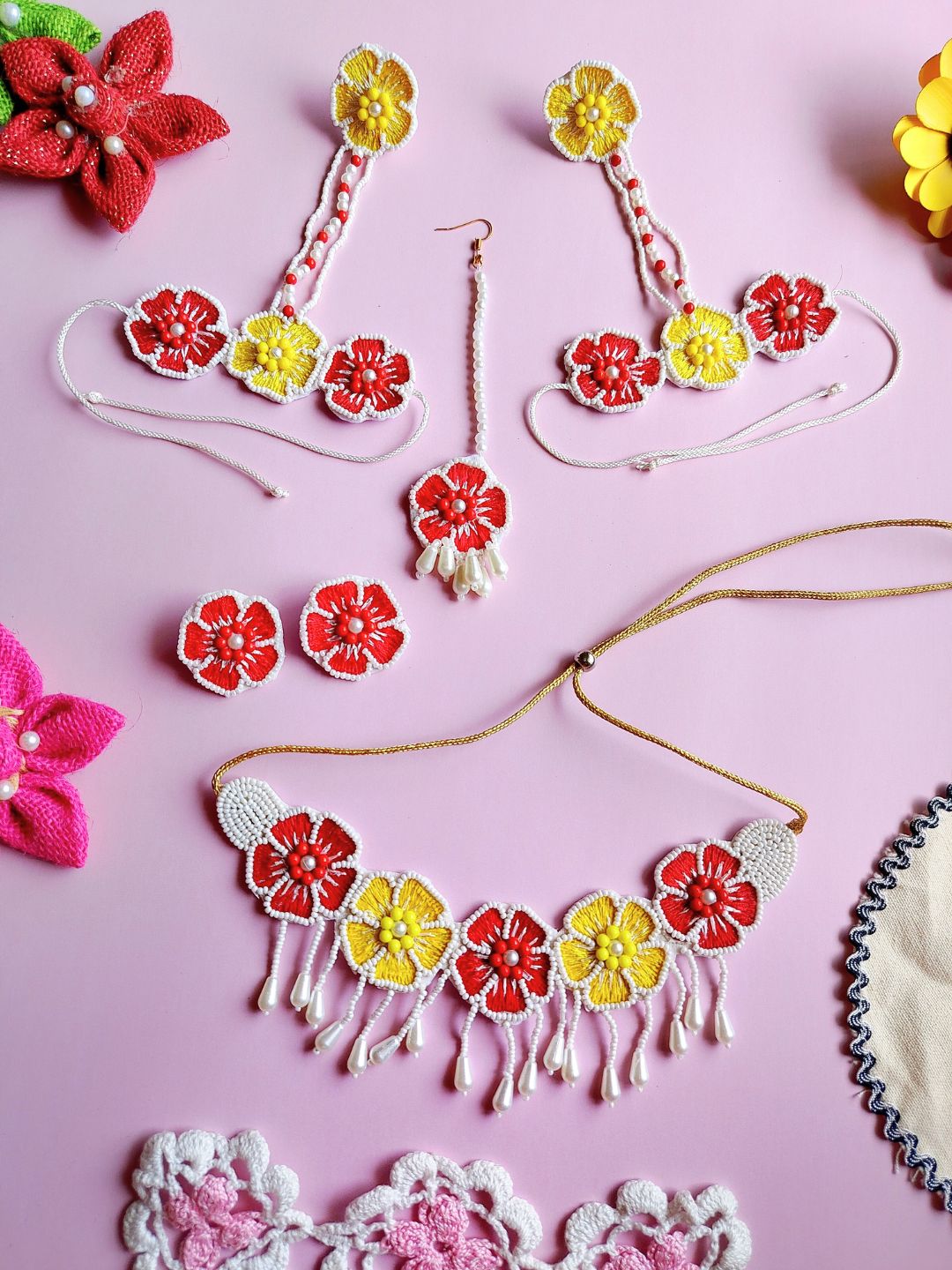 Flower Blossom Bridal Jewellery Set (Red and Yellow)