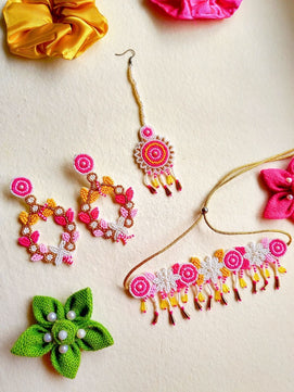 Zia Floral Bridal Choker Maangtika Set (Pink and Yellow)