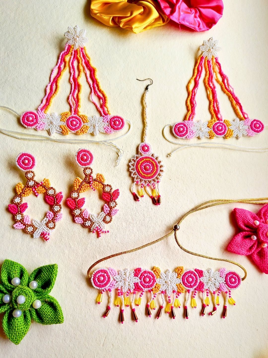 Zia Floral Bridal Jewellery Set (Pink and Yellow)