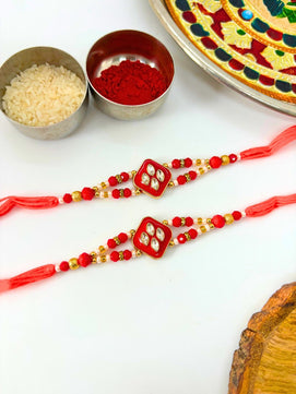 Traditional Meenakari Kundan Rakhi with Roli Chawal for Brother - Red (Pack of 2)
