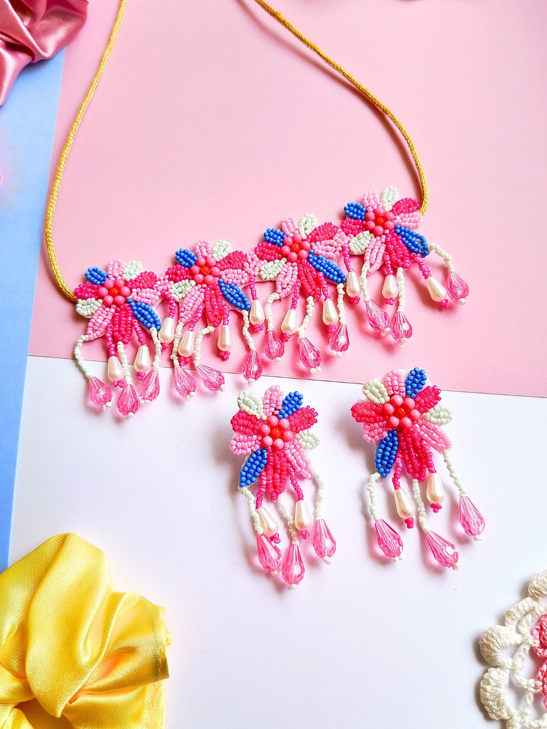 Rang Floral Bridal Choker Set (Pink and Blue)