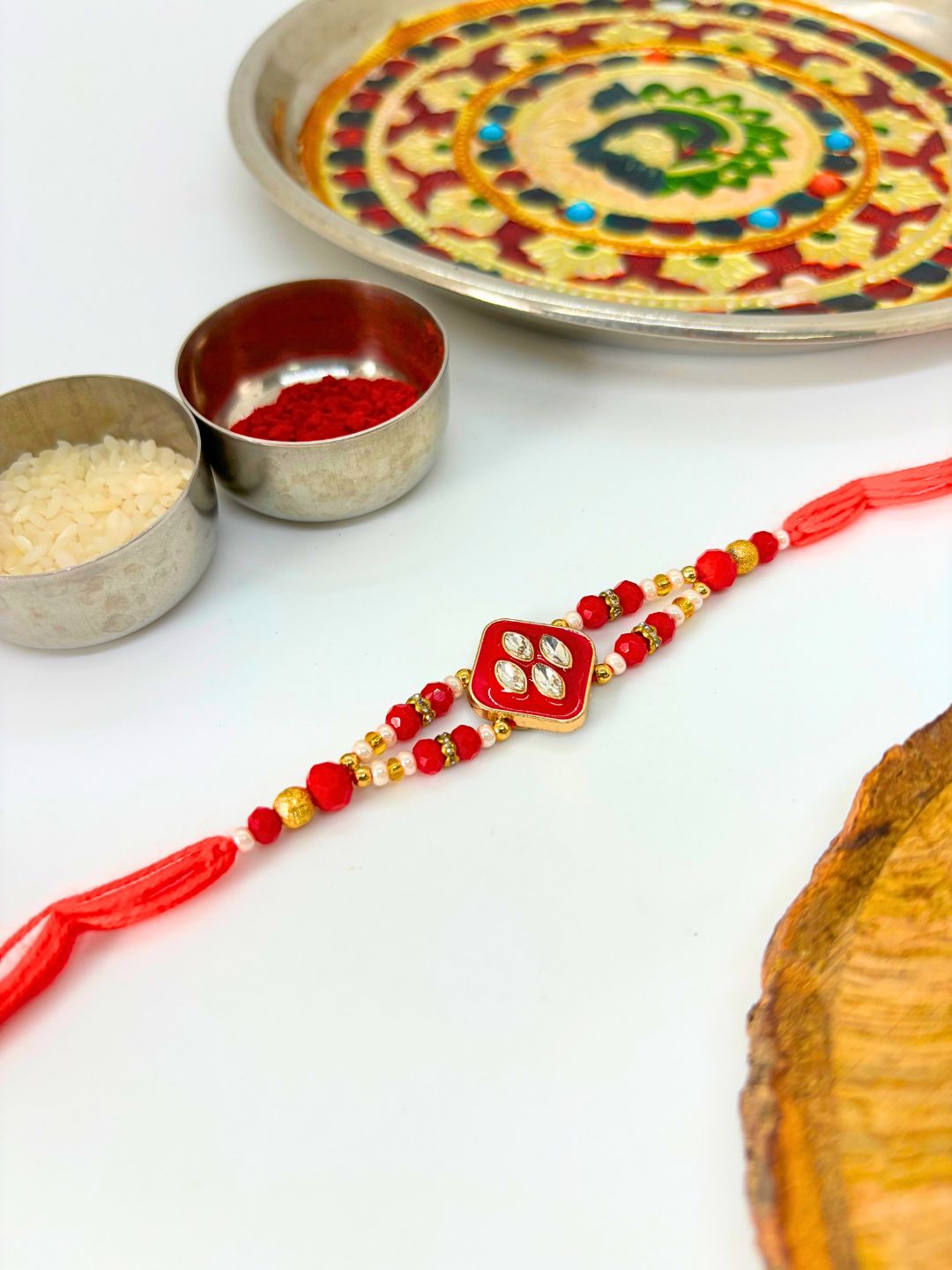 Traditional Meenakari Kundan Rakhi with Roli Chawal for Brother (Red)