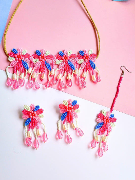 Rang Floral Bridal Choker Maangtika Set (Pink and Blue)