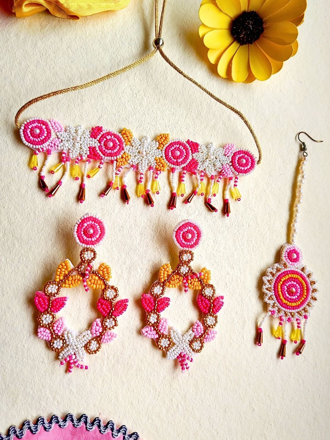 Zia Floral Bridal Choker Maangtika Set (Pink and Yellow)