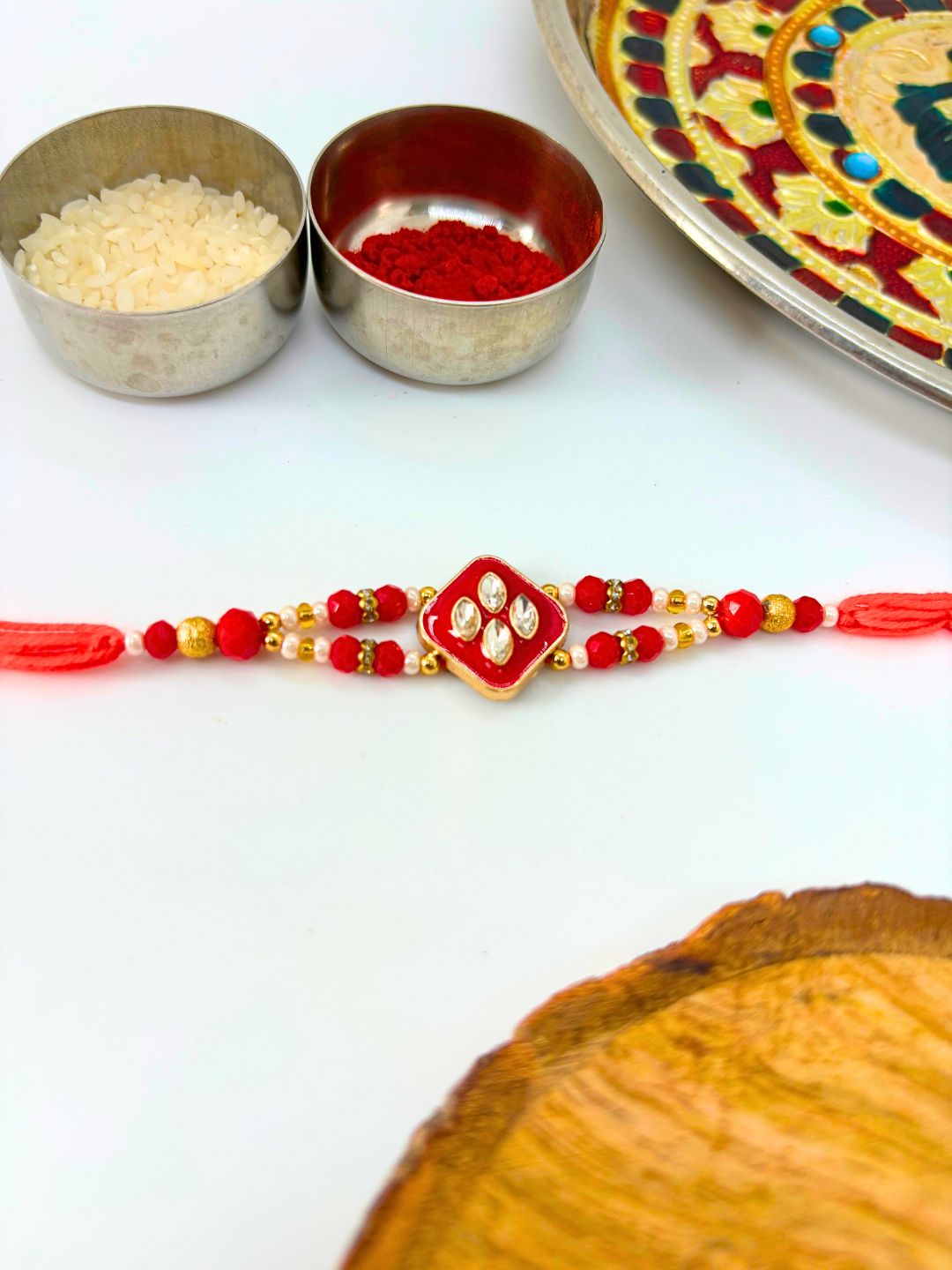 Traditional Meenakari Kundan Rakhi with Roli Chawal for Brother - Red (Pack of 2)