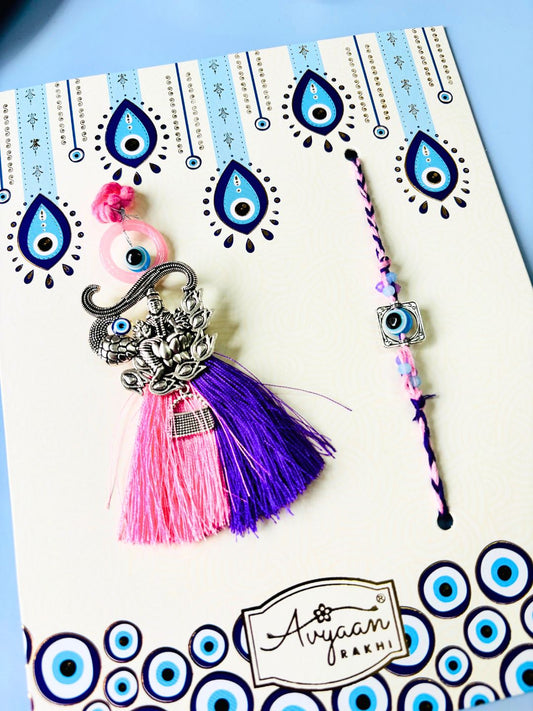 Evil Eye Oxidized Silver Lakshmi Maa Lumba Rakhi Set for Bhaiya Bhabhi with Roli Chawal