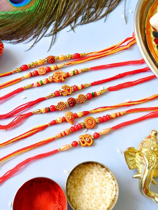 Traditional Dori Thread Rakhi with Roli Chawal for Brother (Pack of 8 Rakhis)