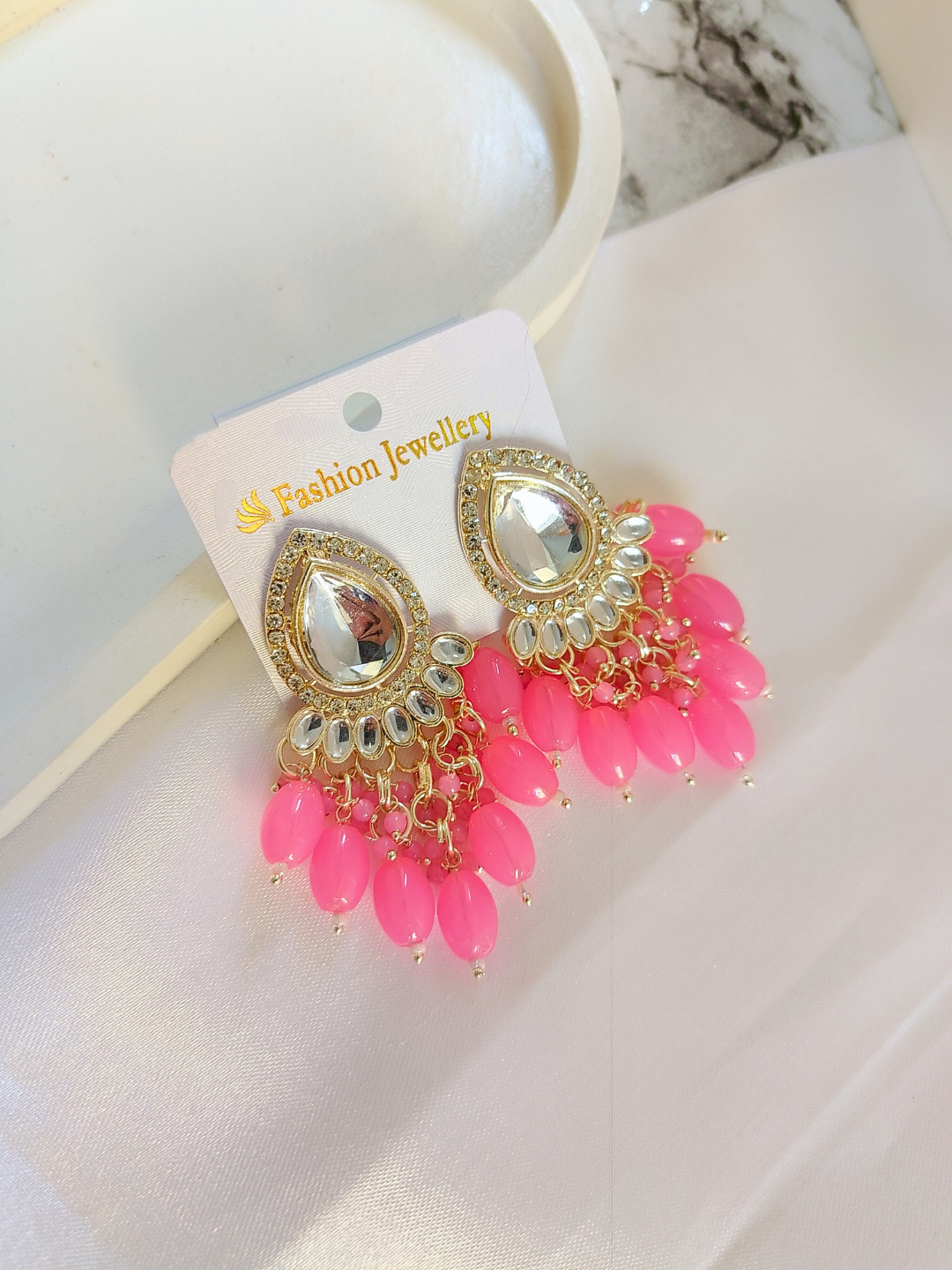 Kundan Minakari Tassel Earrings (Pink)