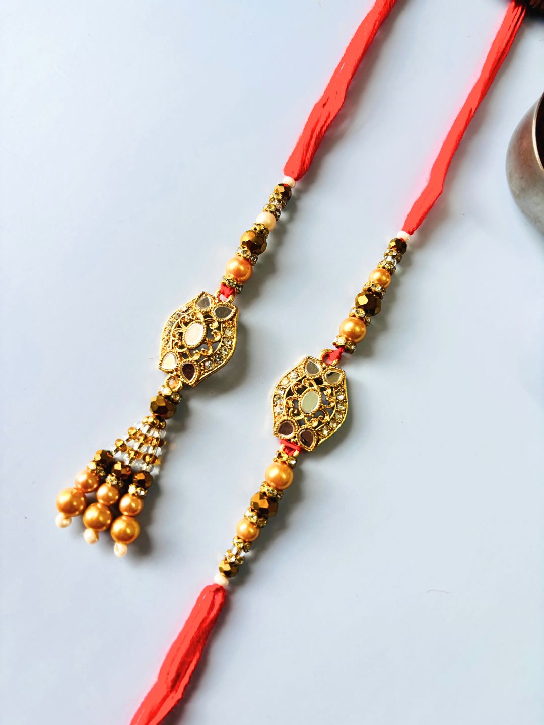 Mirror Work Lumba Rakhi Set for Bhaiya Bhabhi with Roli Chawal