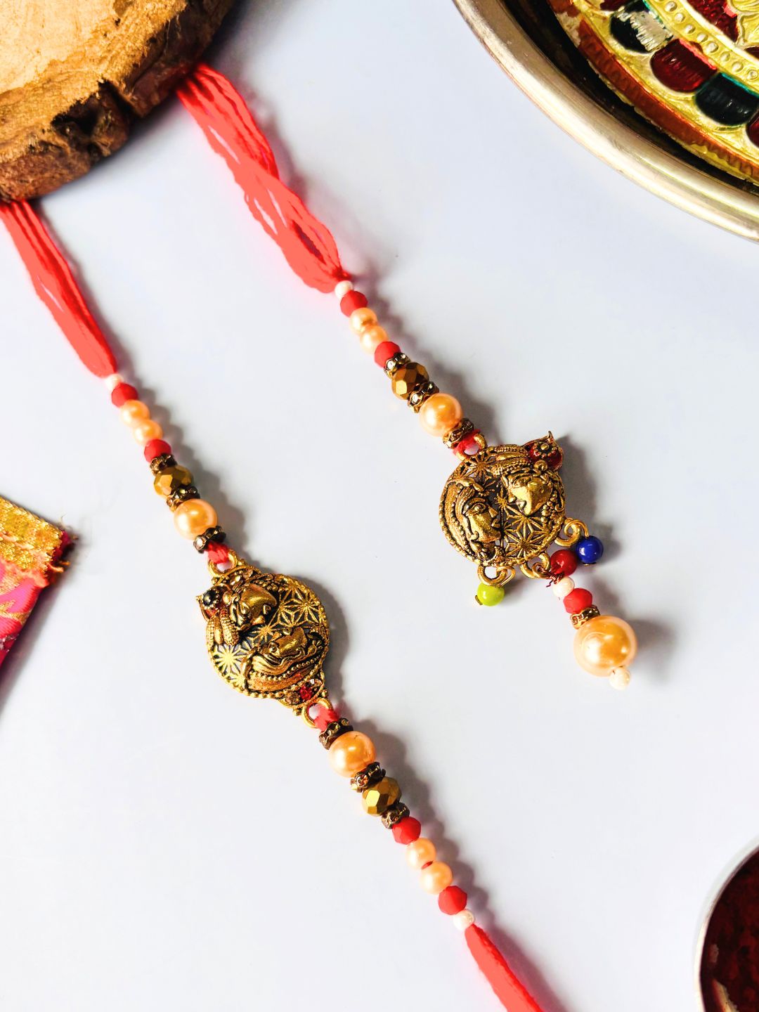 Radha Krishna Lumba Rakhi Set for Bhaiya Bhabhi with Roli Chawal