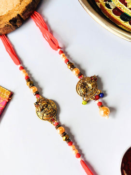 Radha Krishna Lumba Rakhi Set for Bhaiya Bhabhi with Roli Chawal