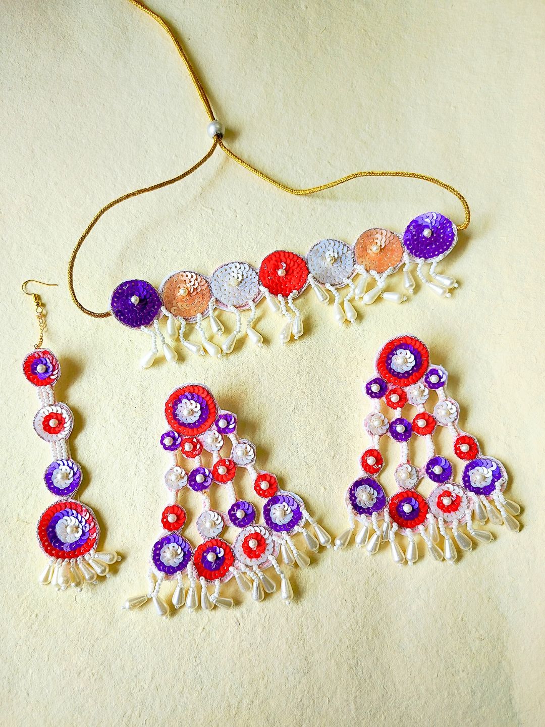 Sequina Maangtika Choker Set (Purple and Orange)