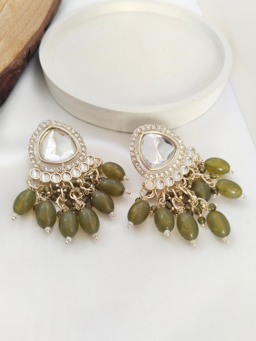 Kundan Minakari Drop Earrings (Olive Green)