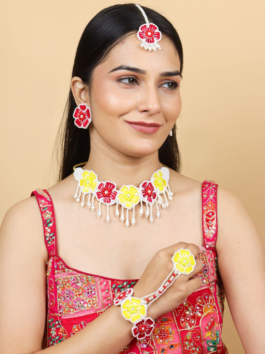 Flower Blossom Bridal Jewellery Set (Red and Yellow)