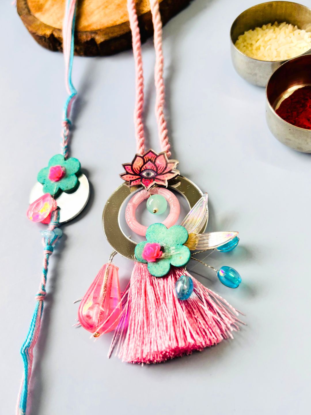 Floral Mirror Work Lumba Rakhi Set for Bhaiya Bhabhi with Roli Chawal
